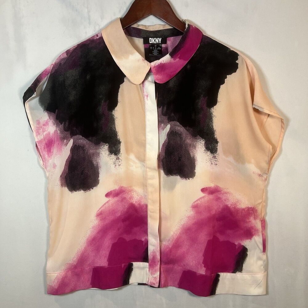 DKNY Women’s Blouse Button-Up Abstract Print Collared Short Sleeve Size XL
